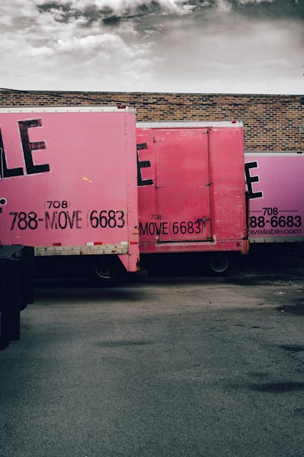 Two men are engaged in a home relocation process inside the back of a moving van. One man, wearing a navy blue t-shirt and black trousers, is standing on the truck’s floor, bending over to hold and 